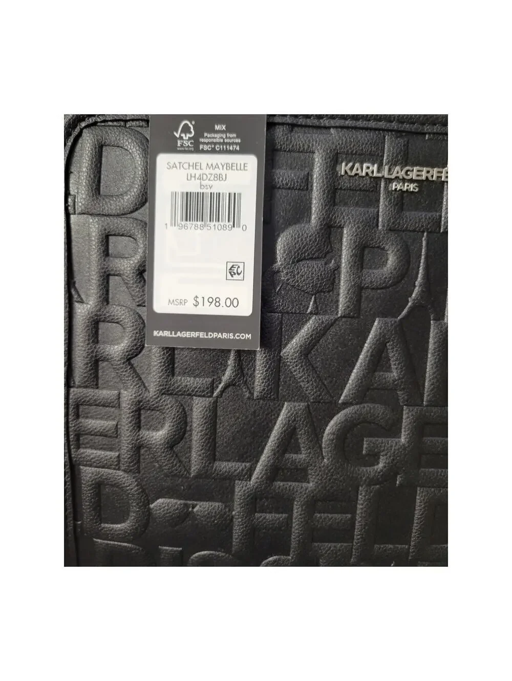 NWT Karl Lagerfeld Black Embossed LOGO Maybelle Satchel Handbag Purse